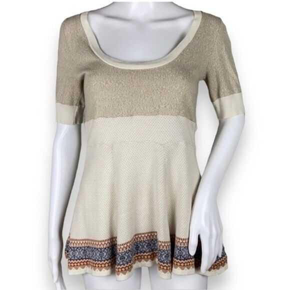 Free People Cream Fair Isle Short Sleeve Knit Top Size XS - Picture 9 of 9